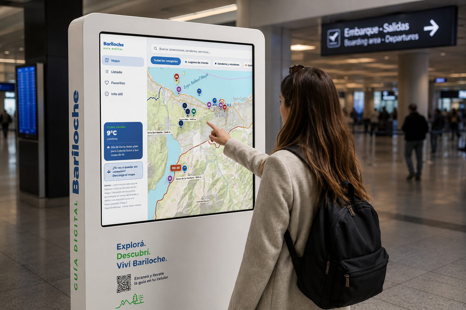 Recreación de cómo se vería el mapa interactivo instalado en un totem táctil del aeropuerto de Bariloche